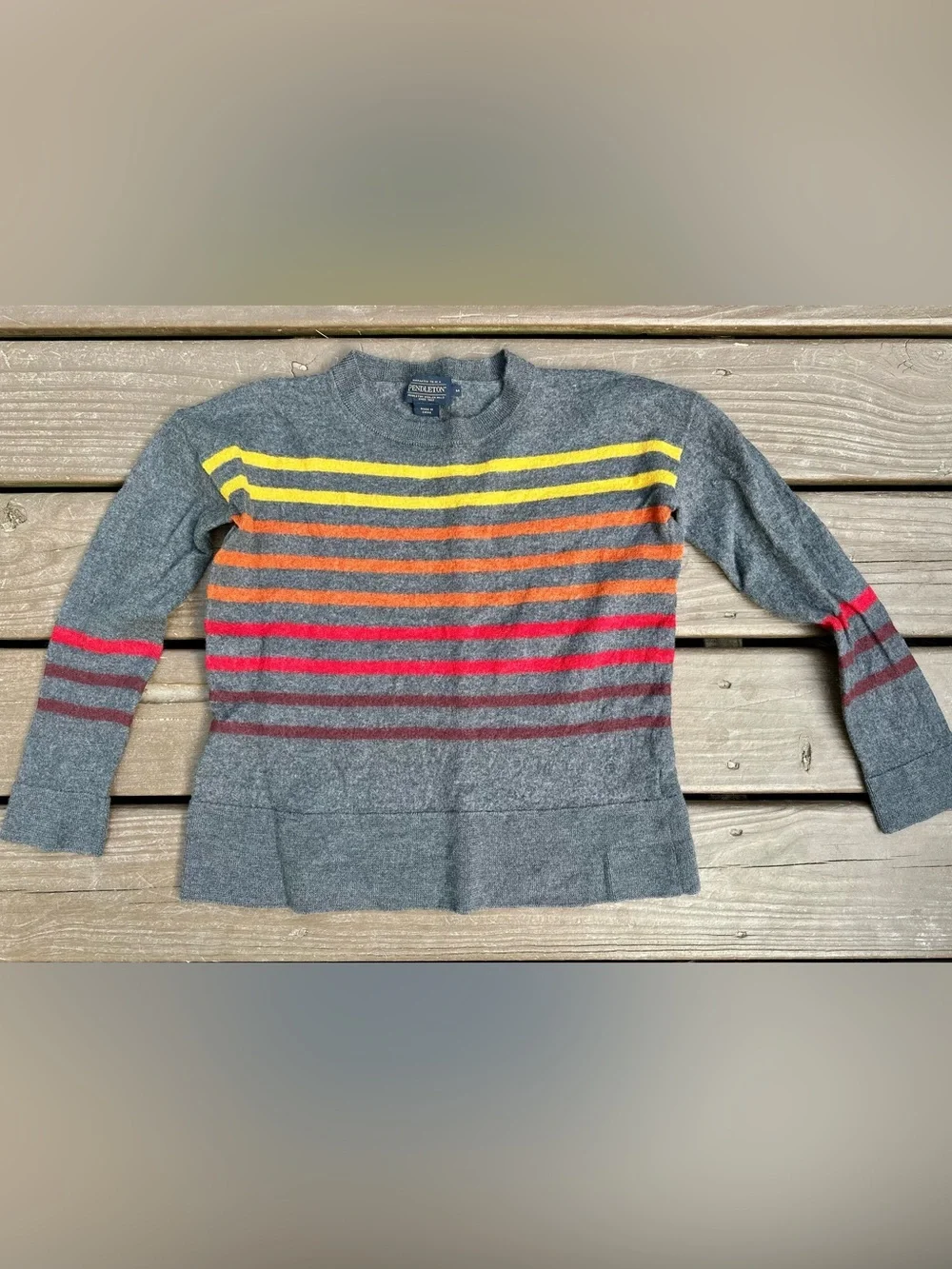 Pendleton Gray Crewneck Sweater with Yellow, Orange and Pink Stripes